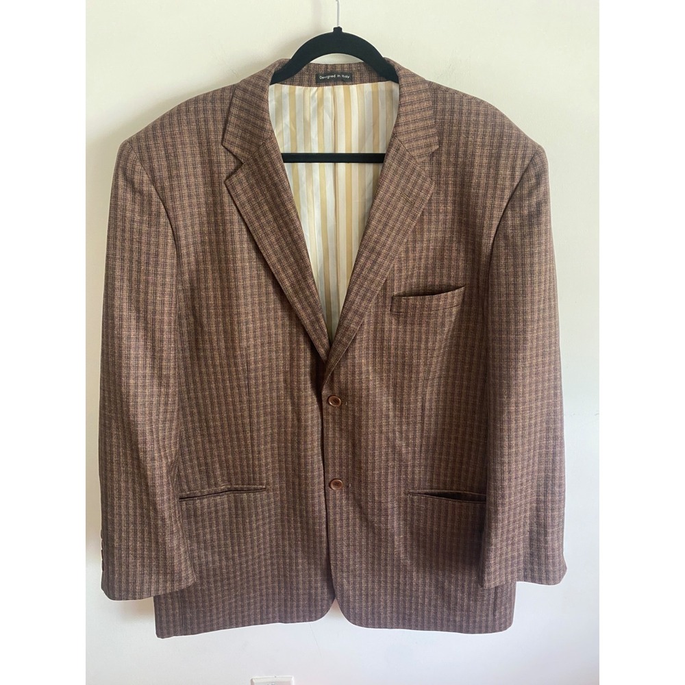 Tessori Uomo Milan Italy Super 150s Wool Blazer Brown Stripe Check 48L Mens